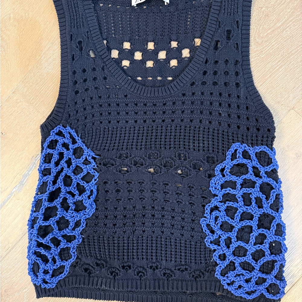 Zara Mixed Crochet Navy Blue Knit Top size small